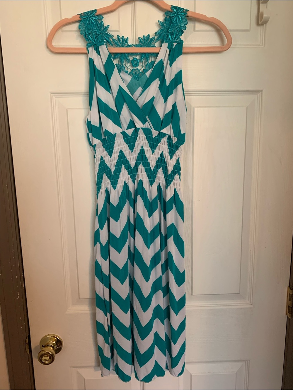 Teal and White Chevron Racerback Midi Dress